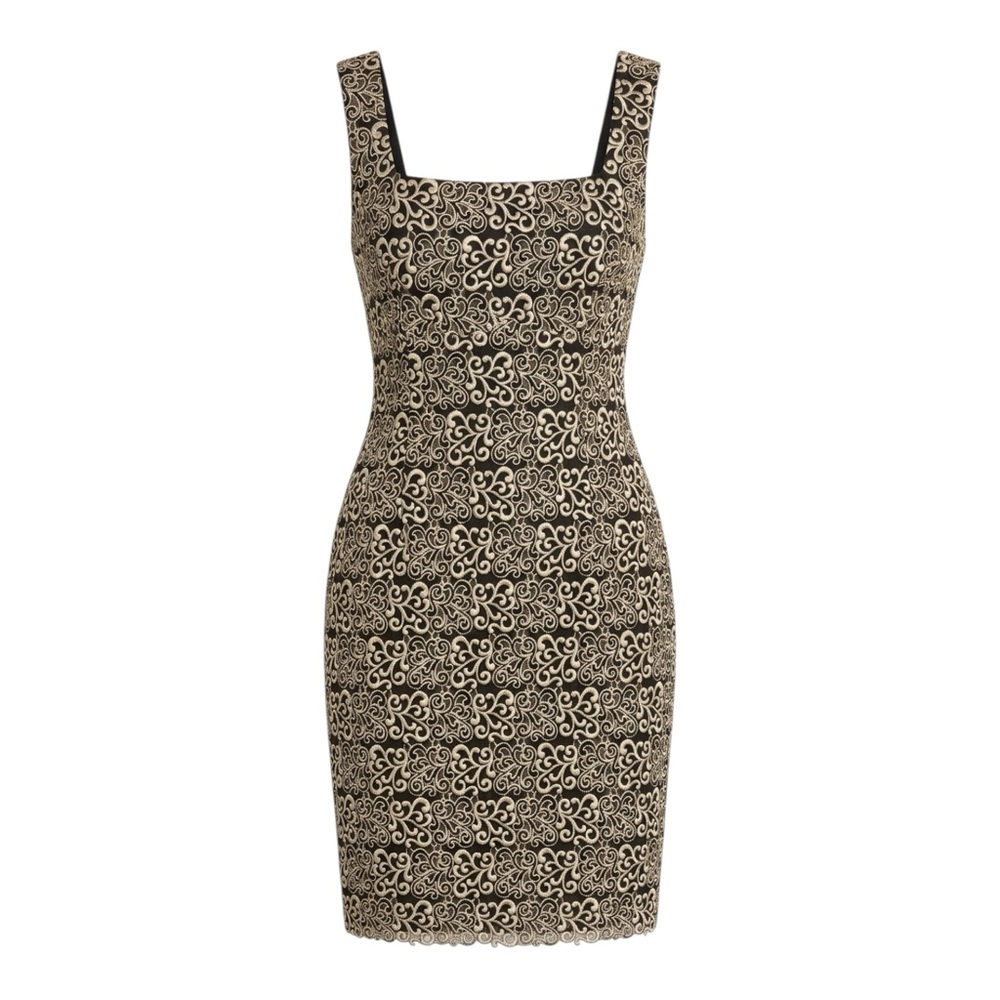 Black lace cocktail mini dress | Metallic Gold scroll pattern Embroidery M/L